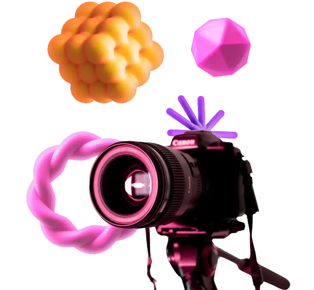 Camera surrounded by colourful 3D shapes