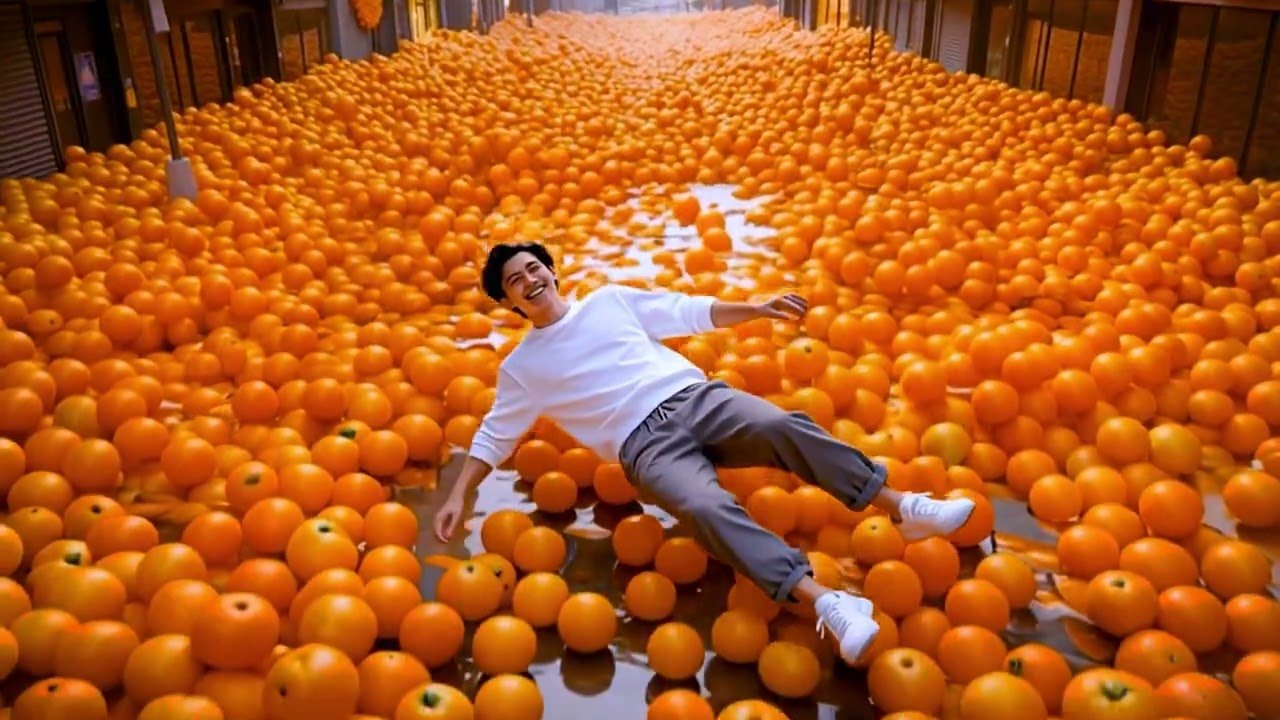 Man lying in a sea of oranges