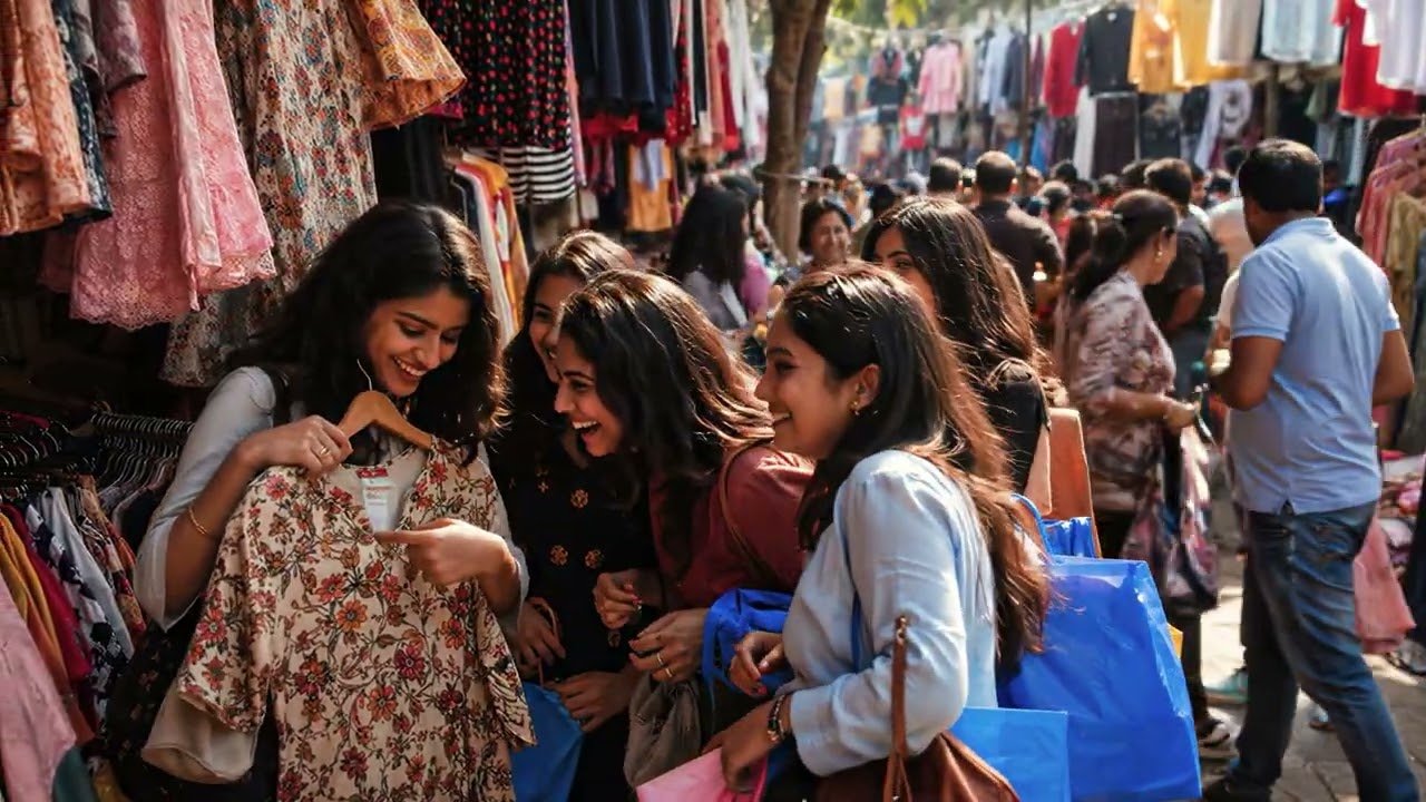 Friends shopping at a busy market stall
