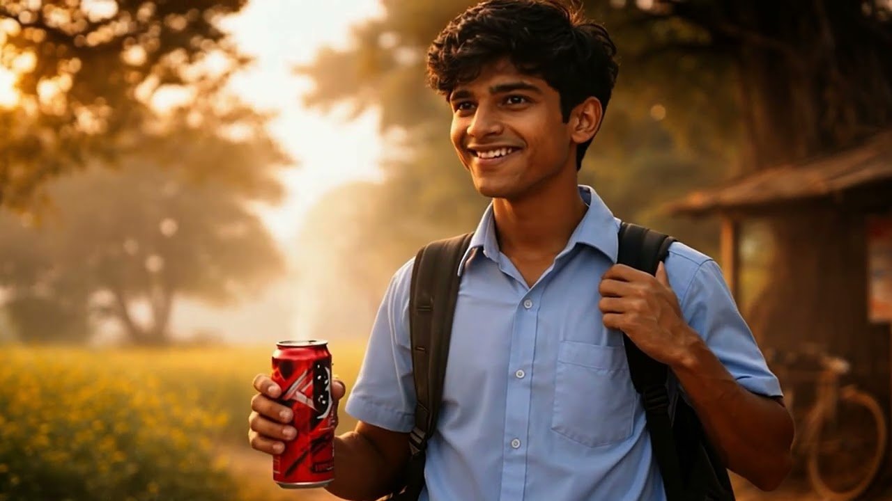 Smiling student holding a can in golden light