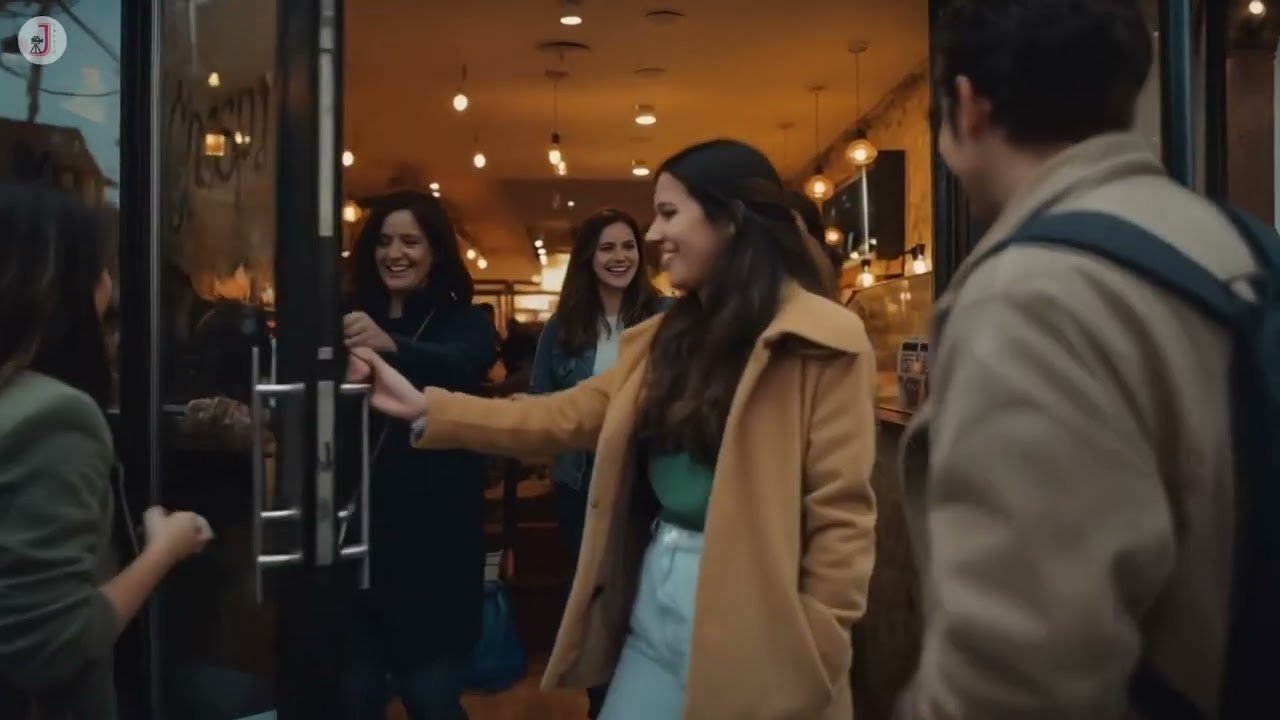 Friends meeting at a cafe door
