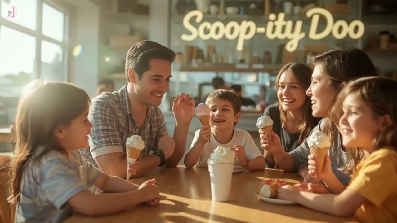 Family enjoying ice cream in the Scoop-ity Doo ad